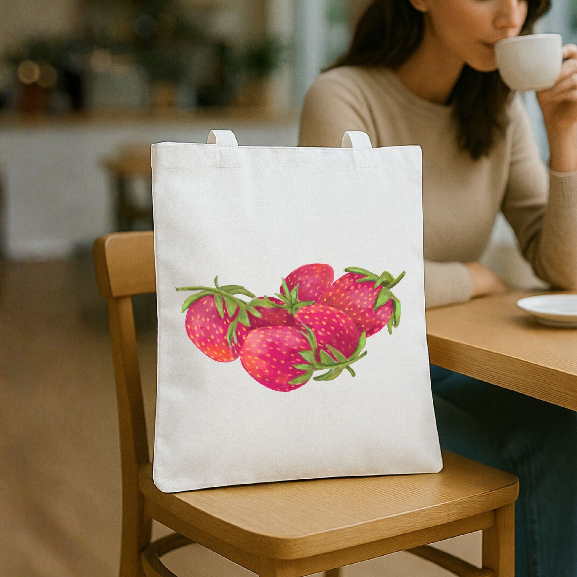 Canvas Tote Bag with Strawberry Artwork - MerikaArt