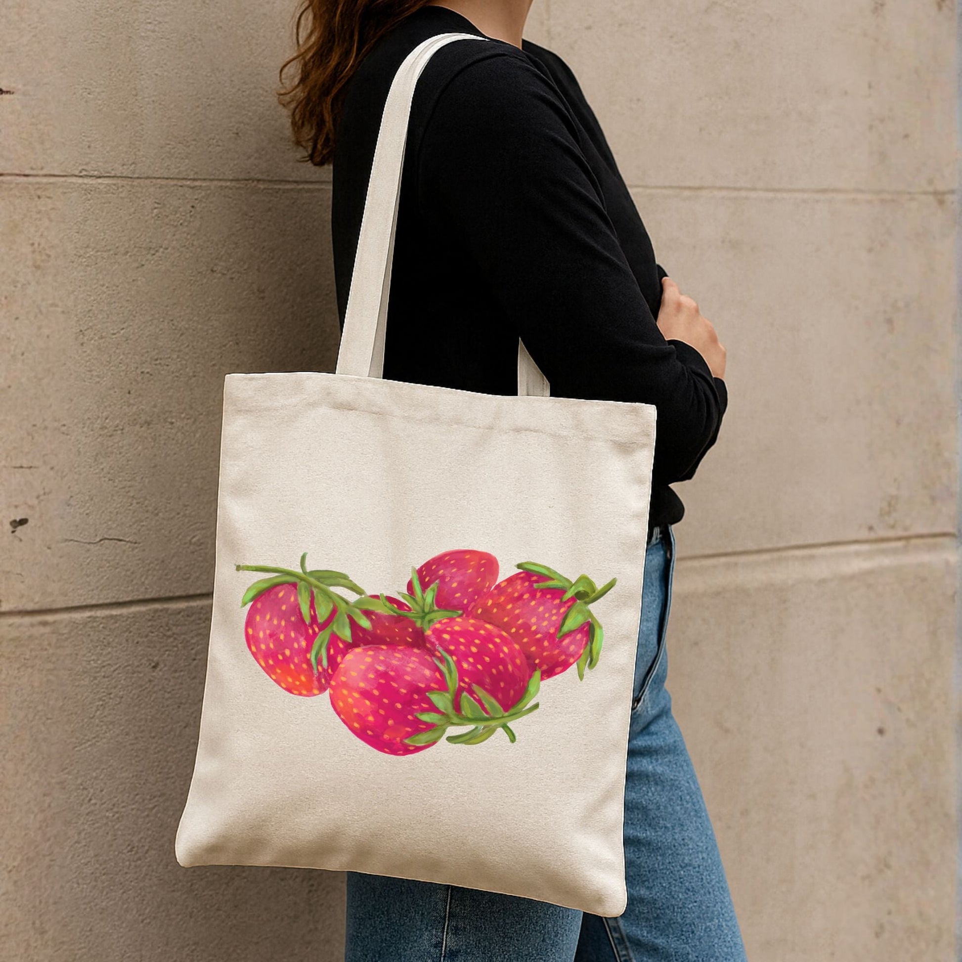 Canvas Tote Bag with Strawberry Artwork - MerikaArt