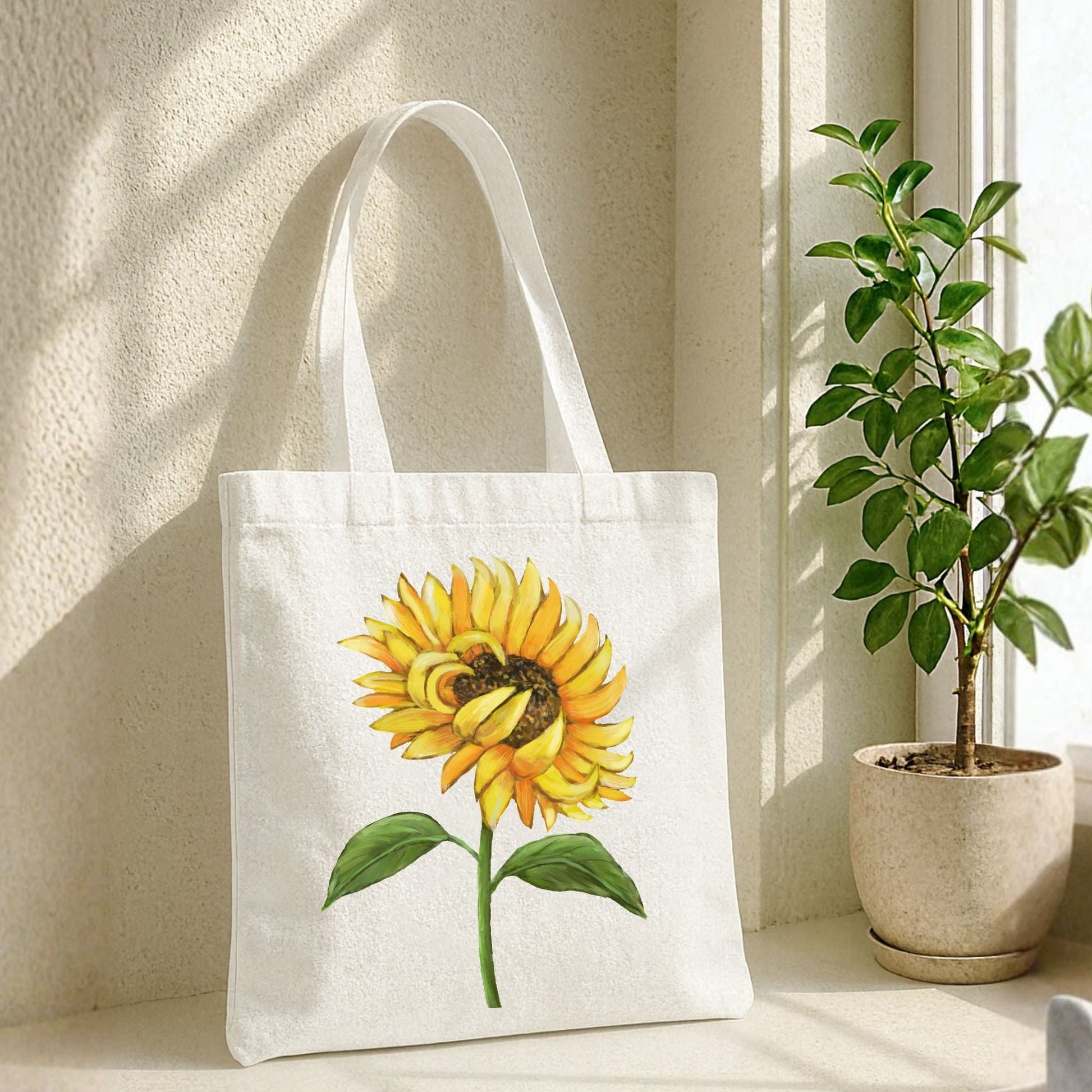 Canvas Tote Bag with Sunflower Artwork - MerikaArt