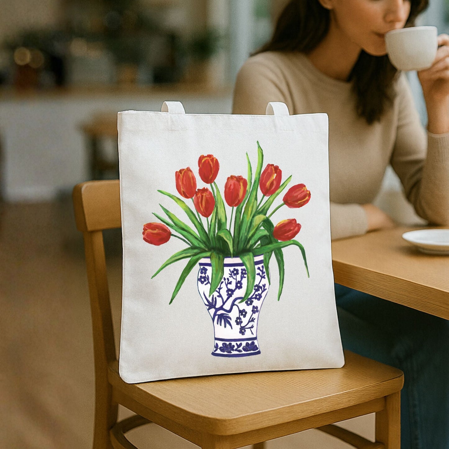 Canvas Tote Bag with Tulip Bouquet Artwork - MerikaArt