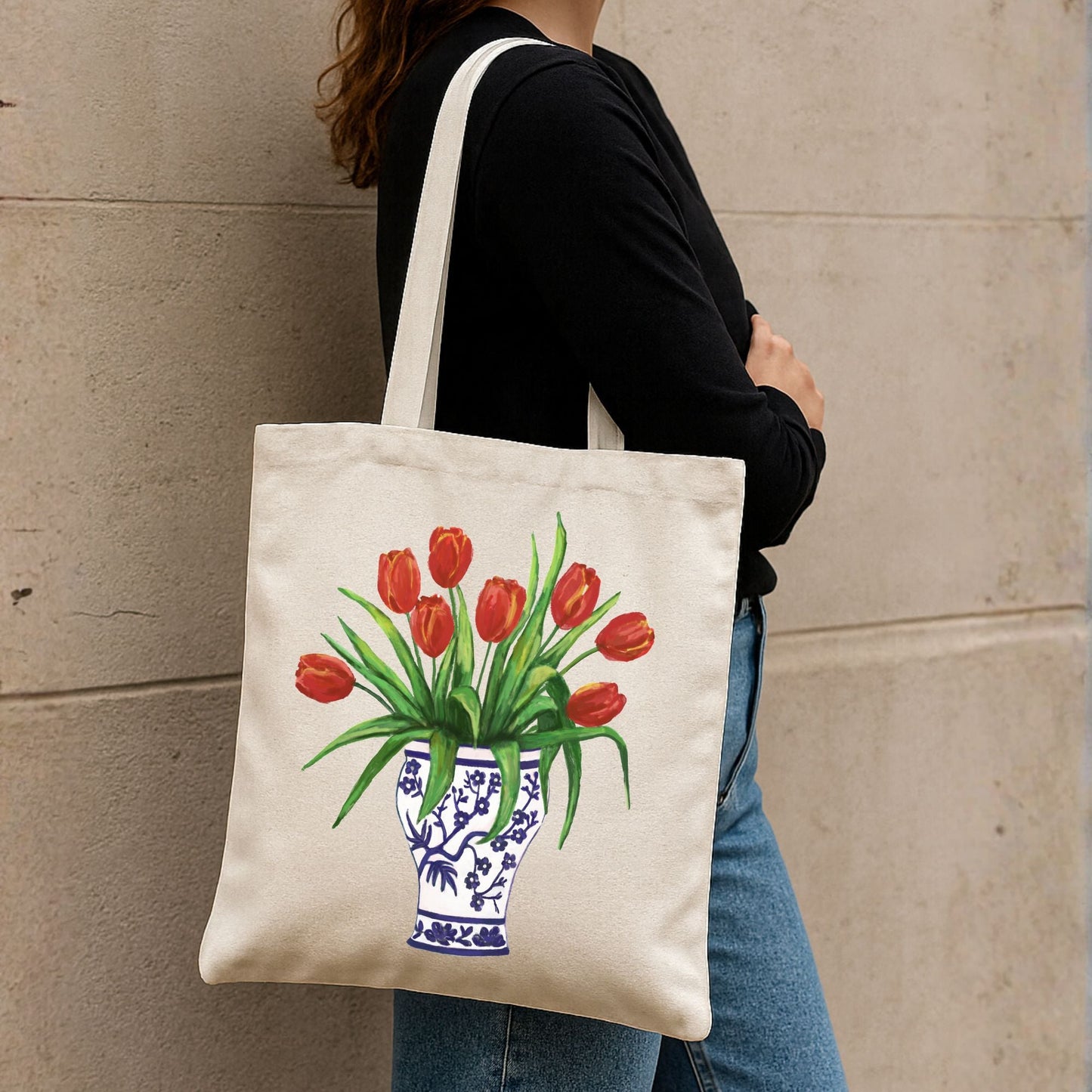 Canvas Tote Bag with Tulip Bouquet Artwork - MerikaArt
