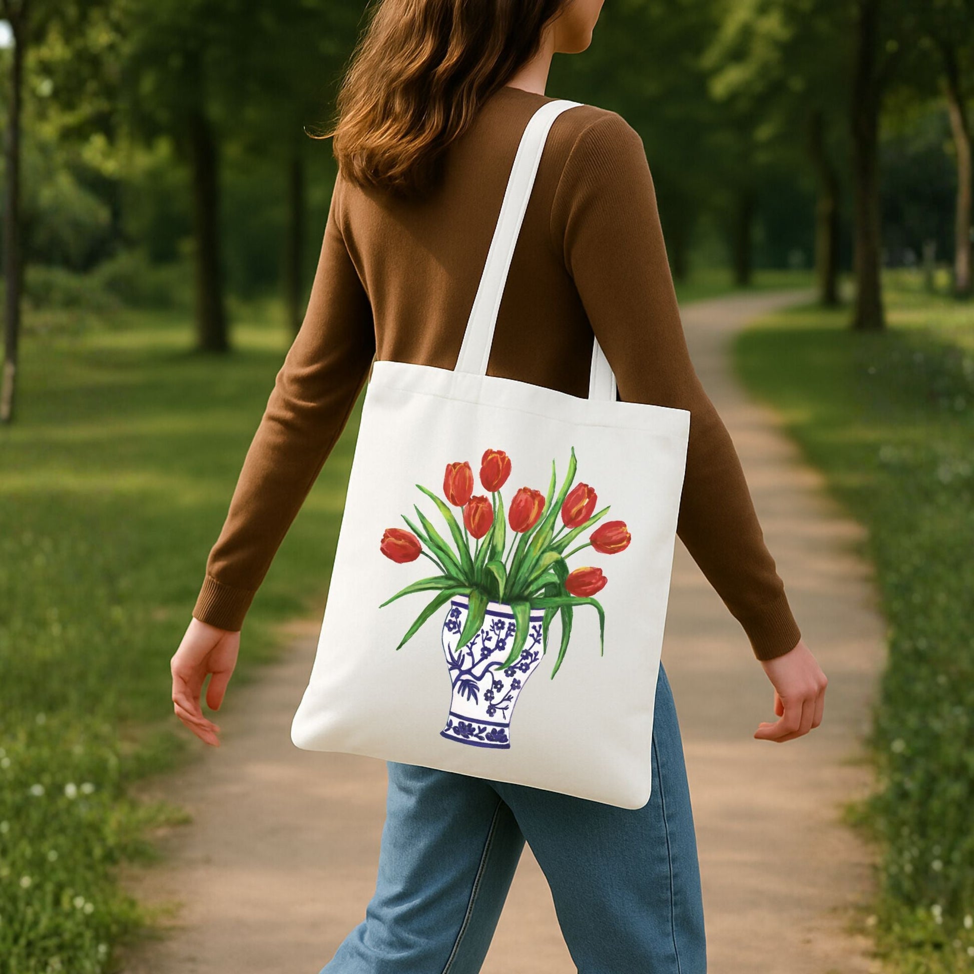 Canvas Tote Bag with Tulip Bouquet Artwork - MerikaArt