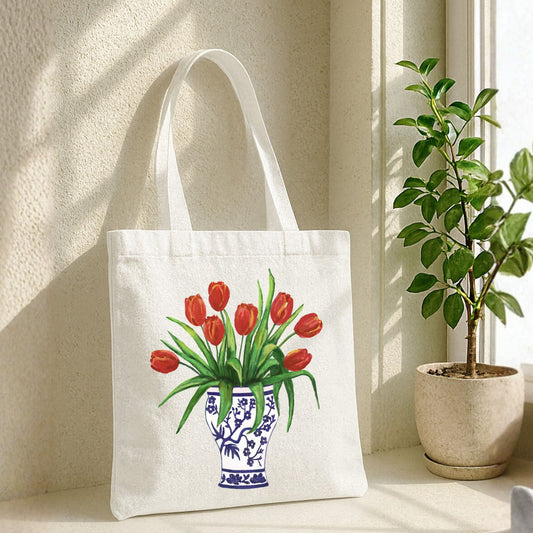 Canvas Tote Bag with Tulip Bouquet Artwork - MerikaArt