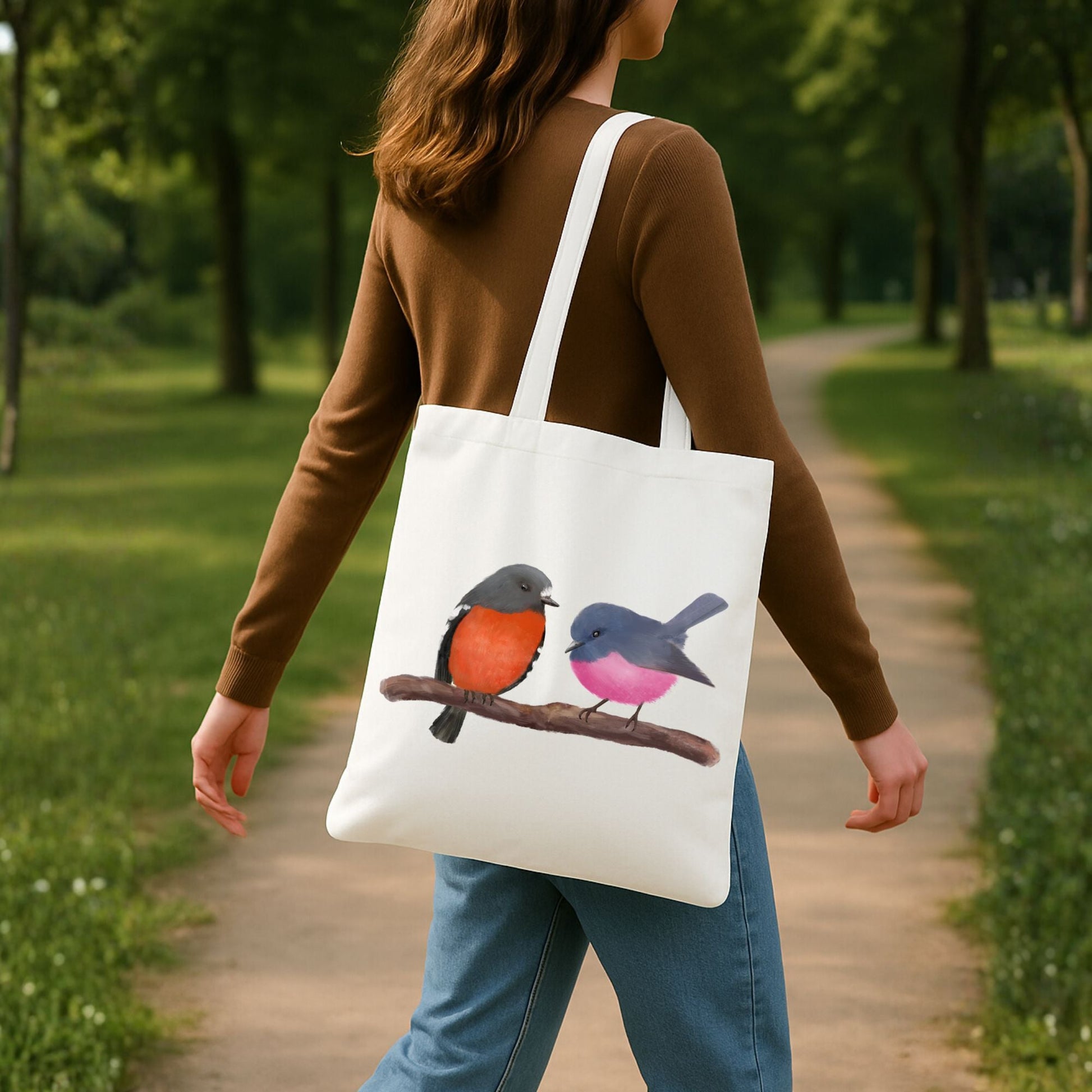Canvas Tote Bag with Two Colorful Songbirds - MerikaArt