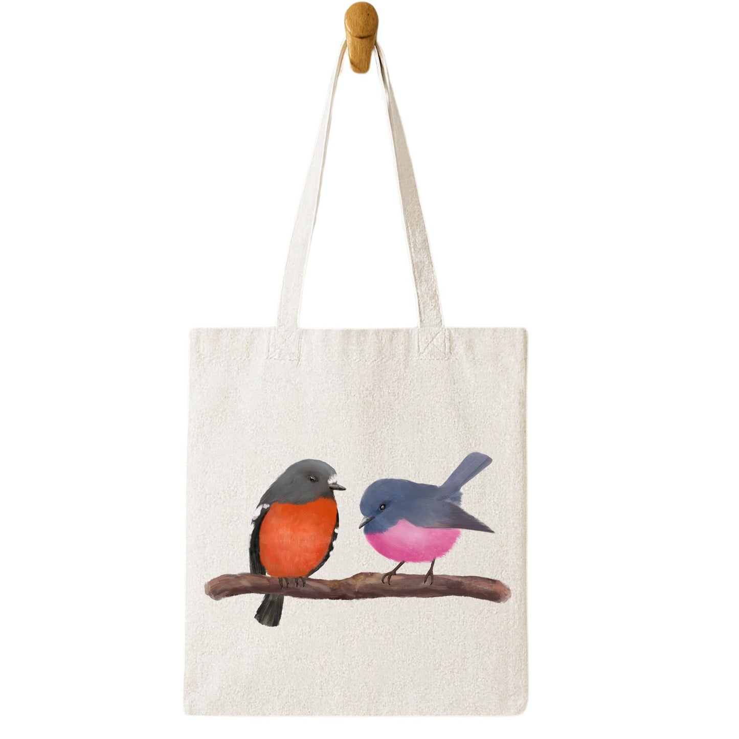 Canvas Tote Bag with Two Colorful Songbirds - MerikaArt