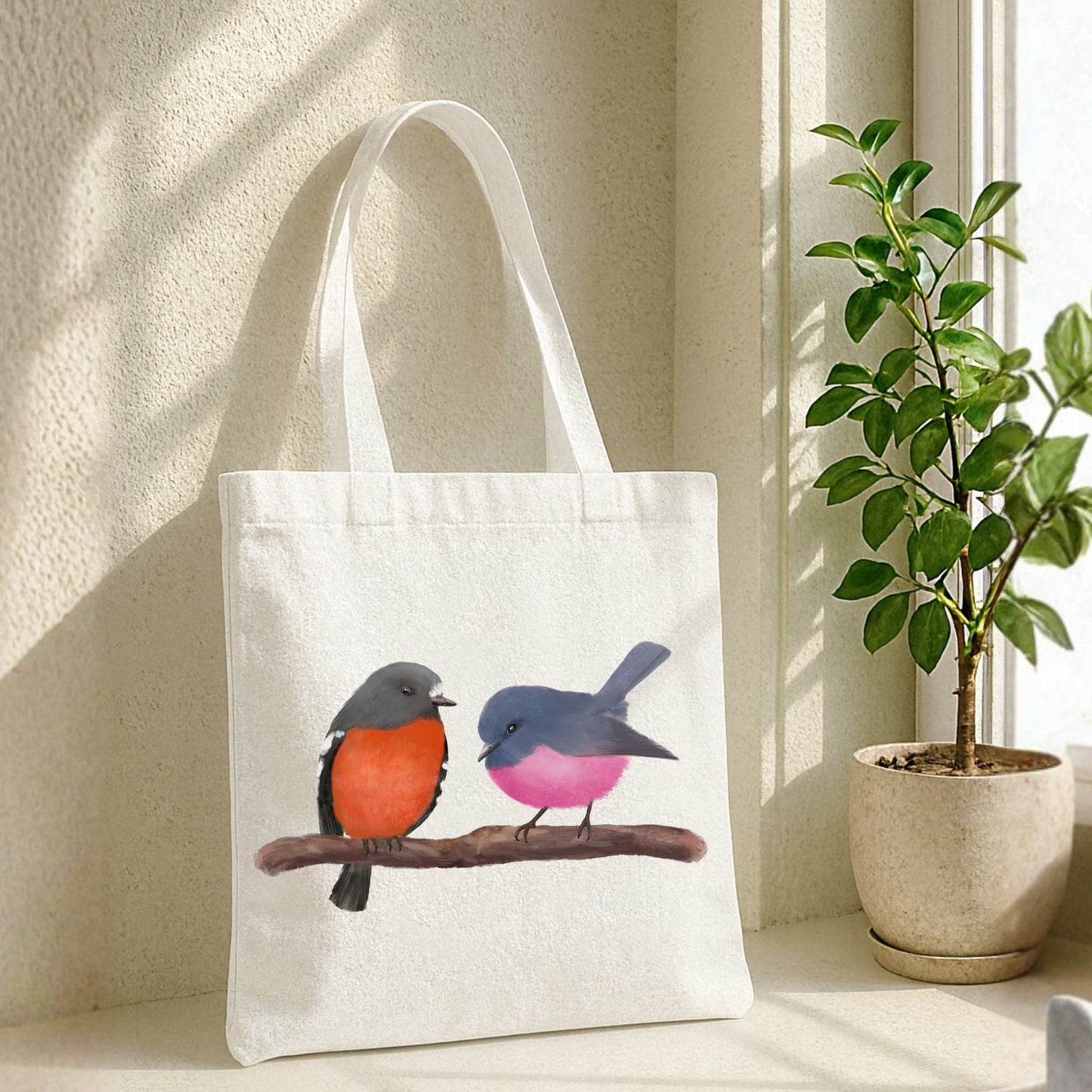 Canvas Tote Bag with Two Colorful Songbirds - MerikaArt