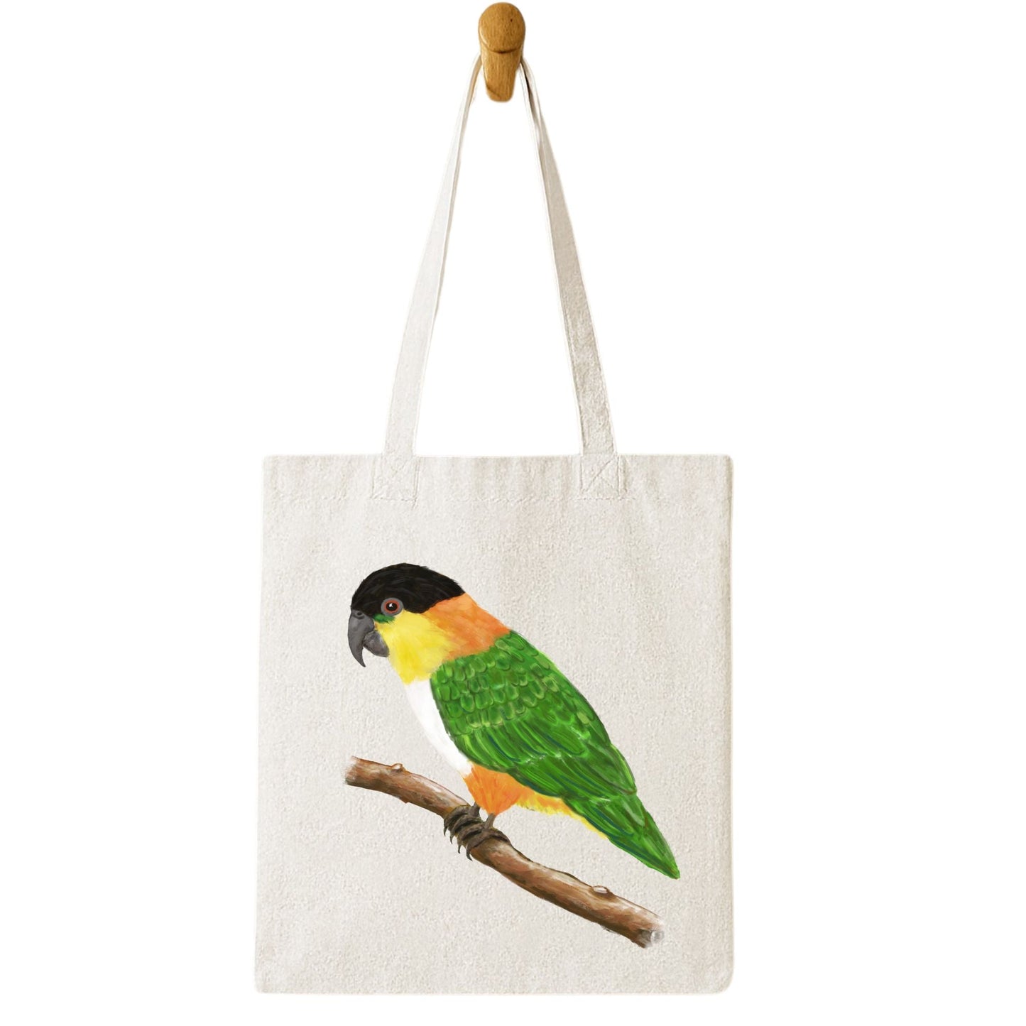 Canvas Tote Bag with White - Bellied Caique Parrot Artwork - MerikaArt
