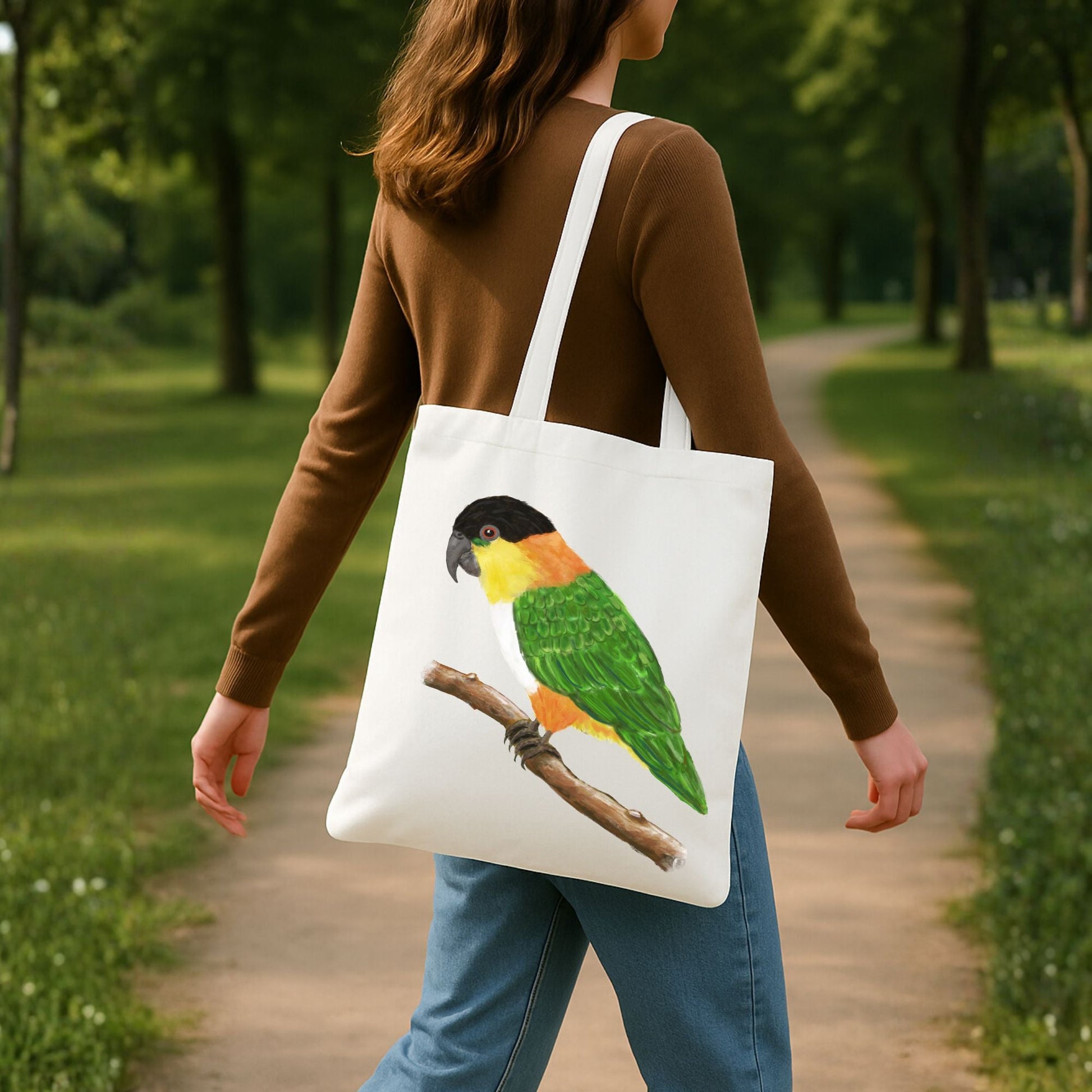 Canvas Tote Bag with White - Bellied Caique Parrot Artwork - MerikaArt