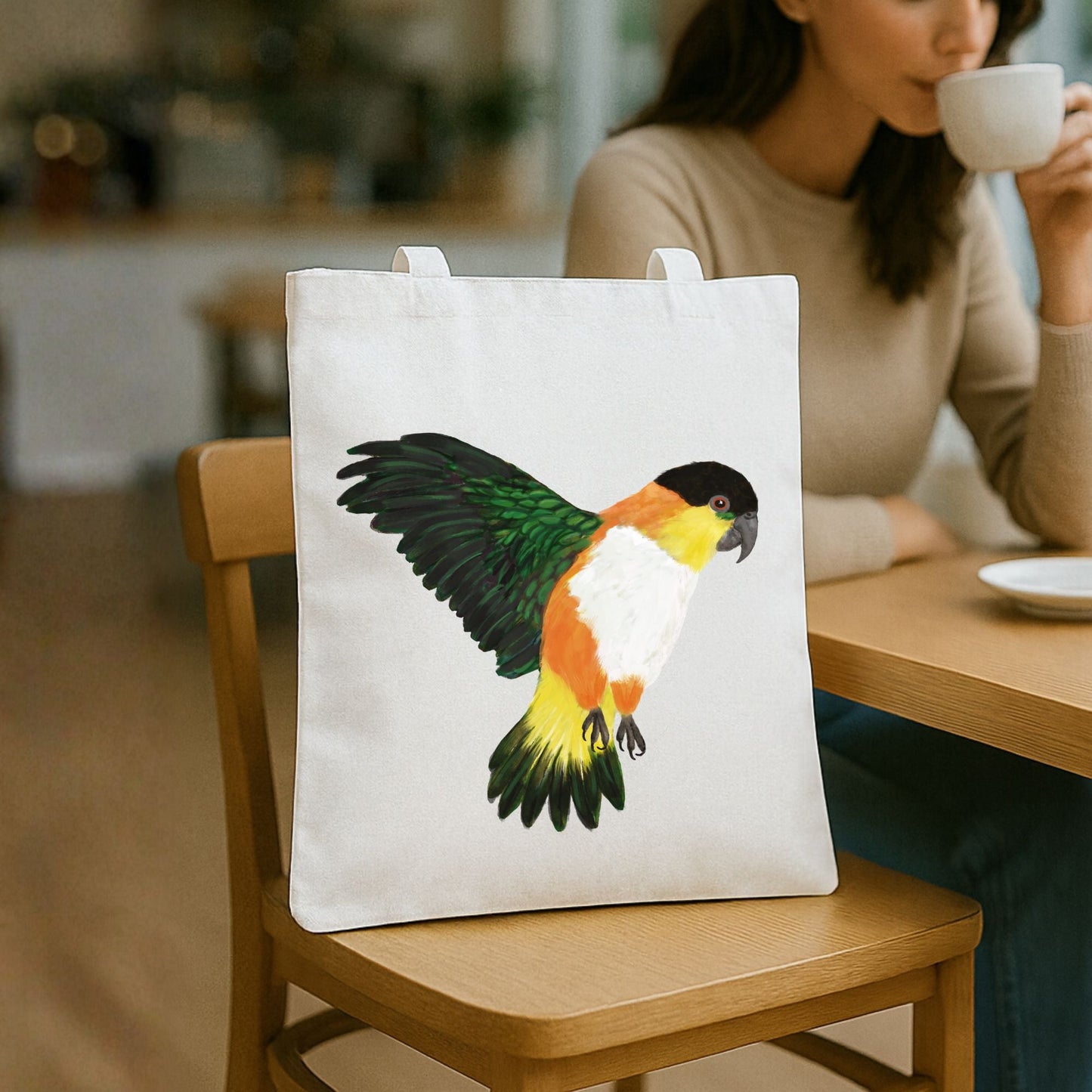 Canvas Tote Bag with White - Bellied Caique Parrot Artwork - MerikaArt