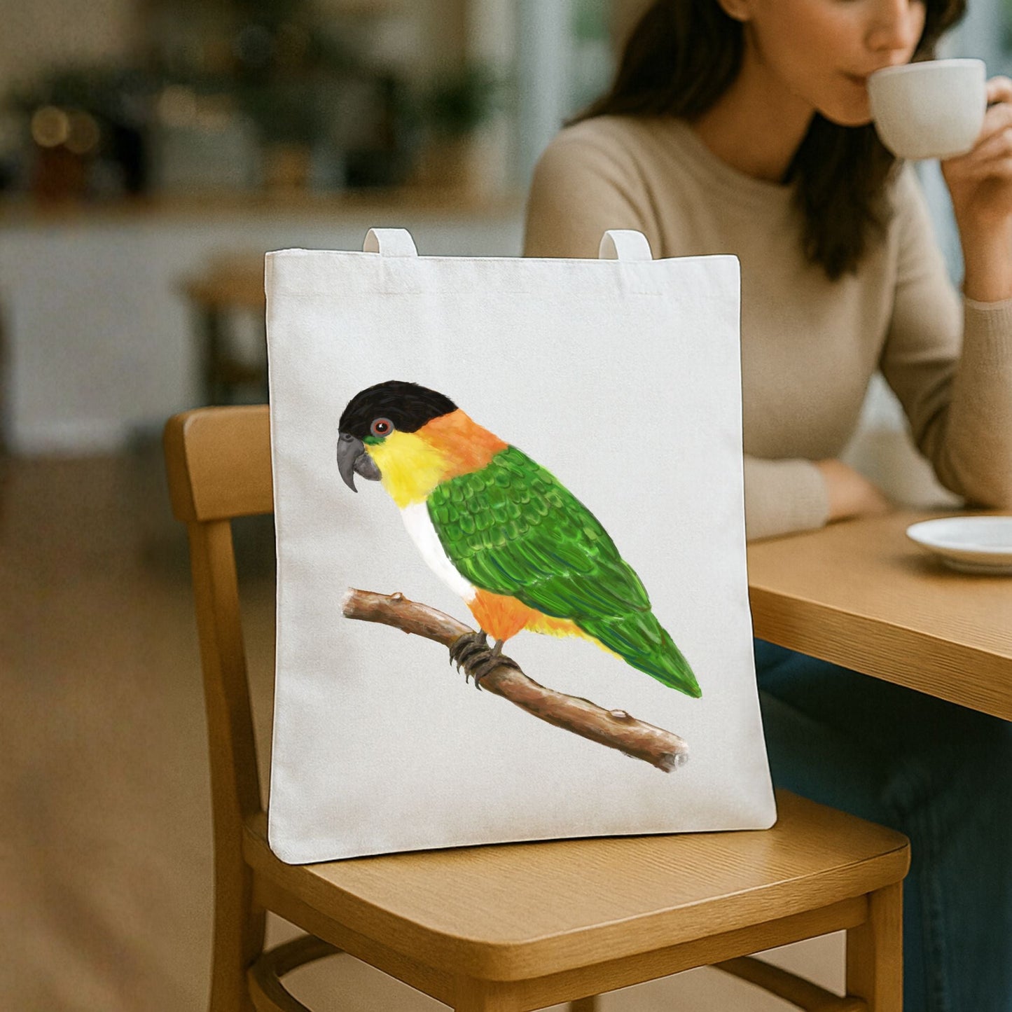 Canvas Tote Bag with White - Bellied Caique Parrot Artwork - MerikaArt