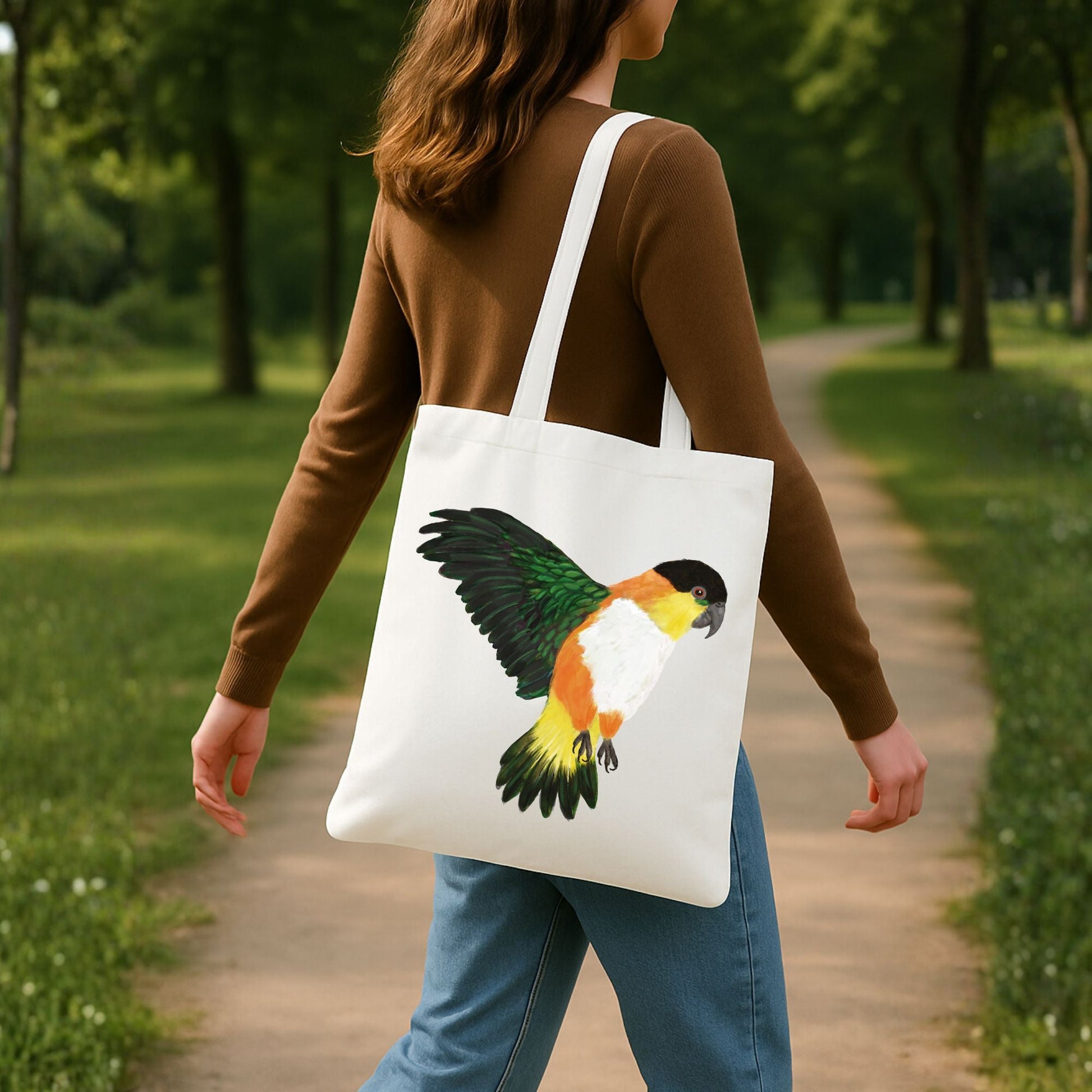 Canvas Tote Bag with White - Bellied Caique Parrot Artwork - MerikaArt