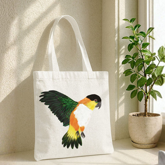 Canvas Tote Bag with White - Bellied Caique Parrot Artwork - MerikaArt