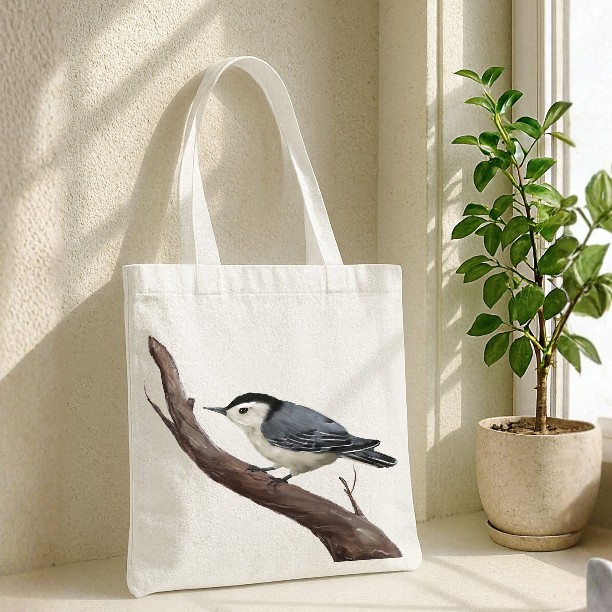Canvas Tote Bag with White - Breasted Nuthatch Artwork - MerikaArt