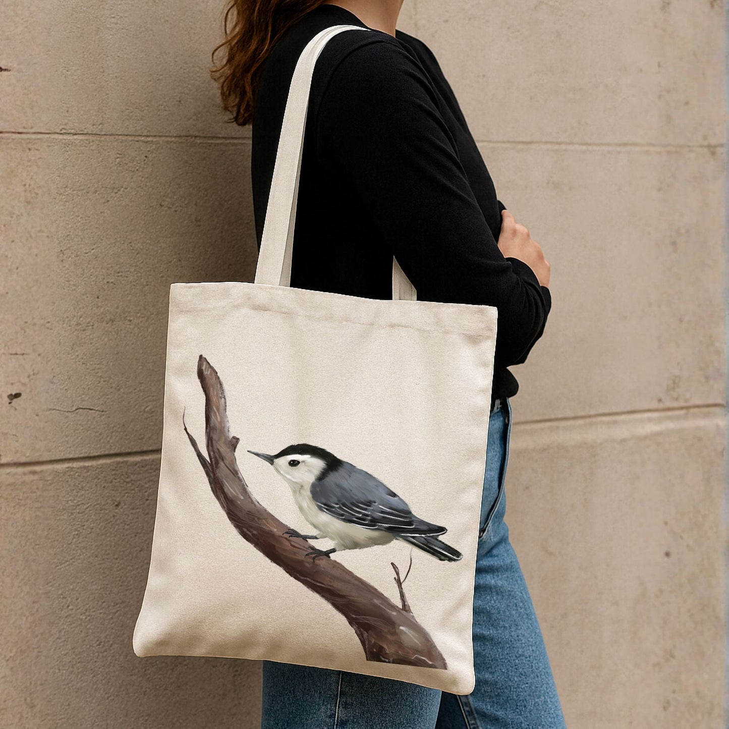 Canvas Tote Bag with White - Breasted Nuthatch Artwork - MerikaArt
