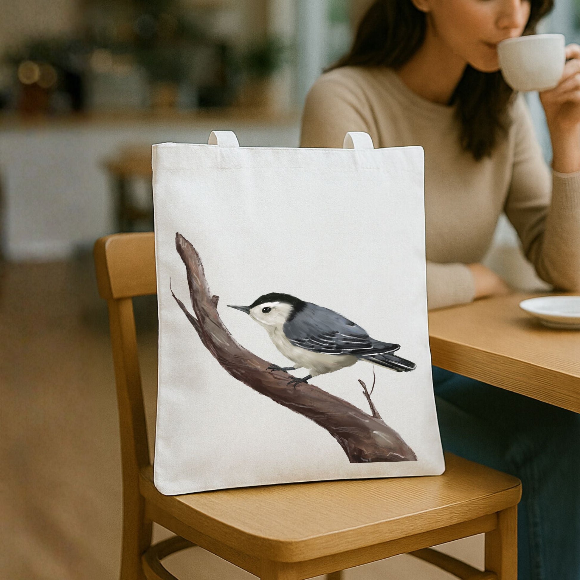 Canvas Tote Bag with White - Breasted Nuthatch Artwork - MerikaArt
