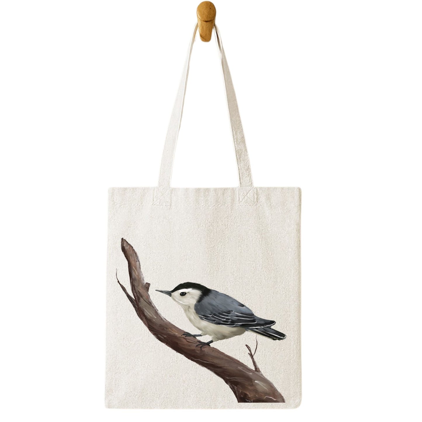 Canvas Tote Bag with White - Breasted Nuthatch Artwork - MerikaArt