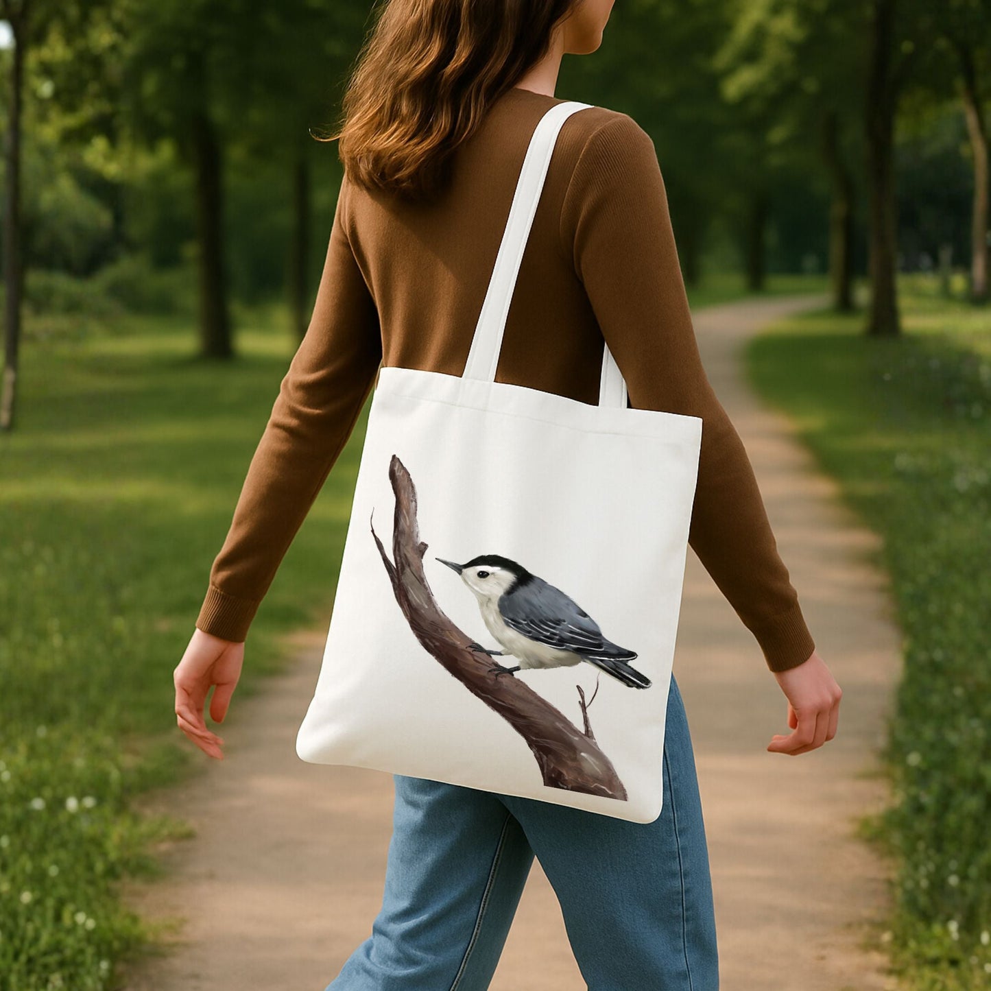 Canvas Tote Bag with White - Breasted Nuthatch Artwork - MerikaArt