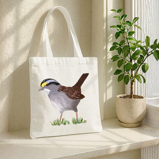 Canvas Tote Bag with White - throated Sparrow Illustration - MerikaArt