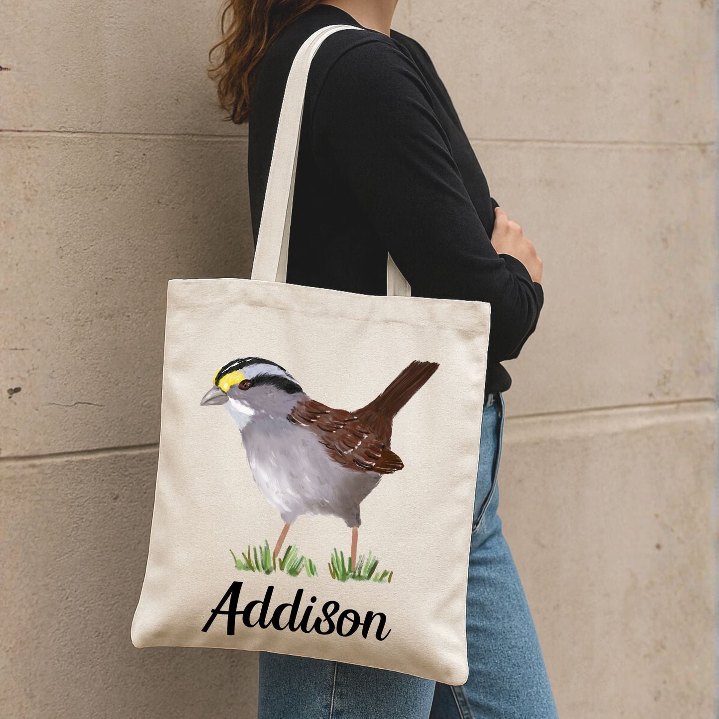 Canvas Tote Bag with White - throated Sparrow Illustration - MerikaArt