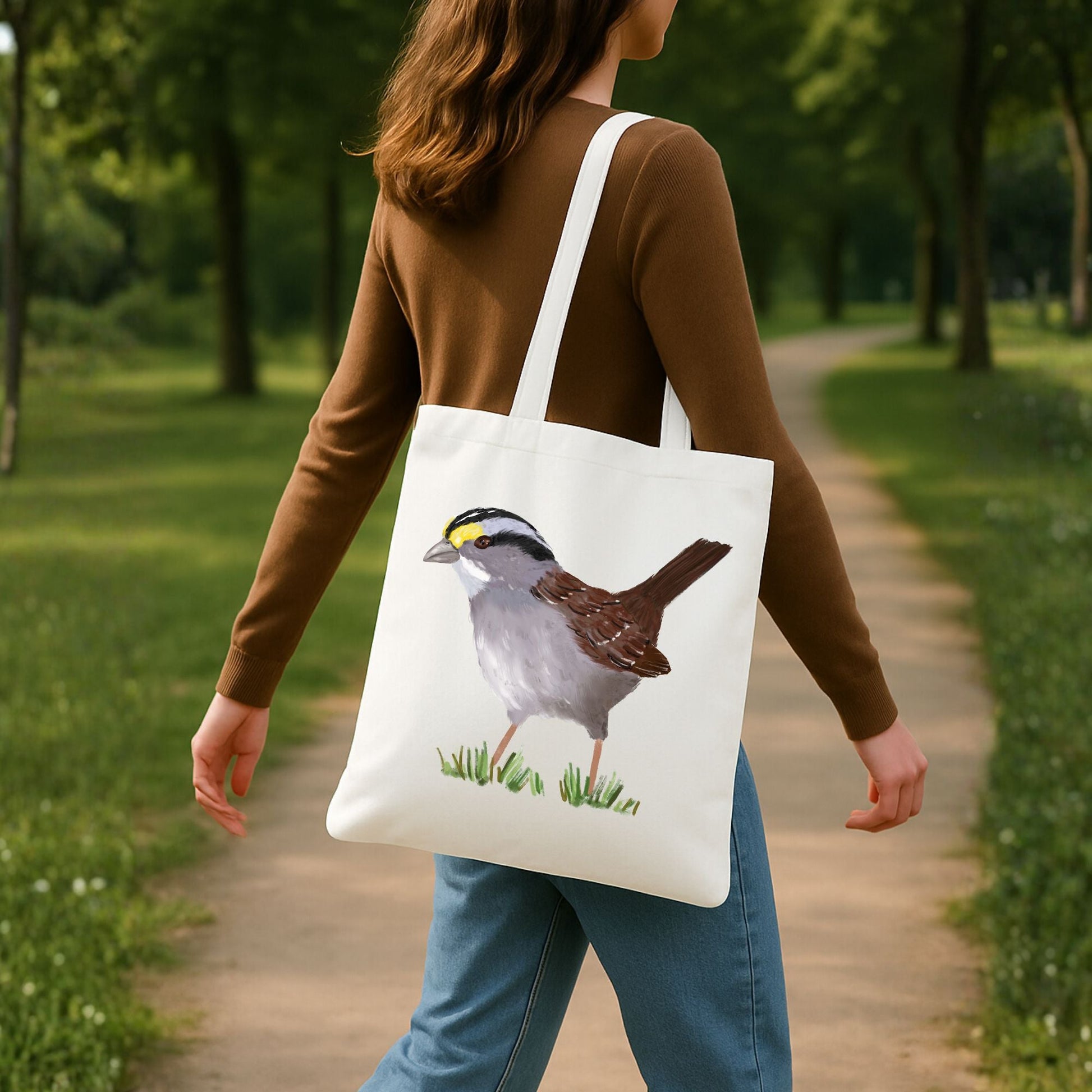 Canvas Tote Bag with White - throated Sparrow Illustration - MerikaArt