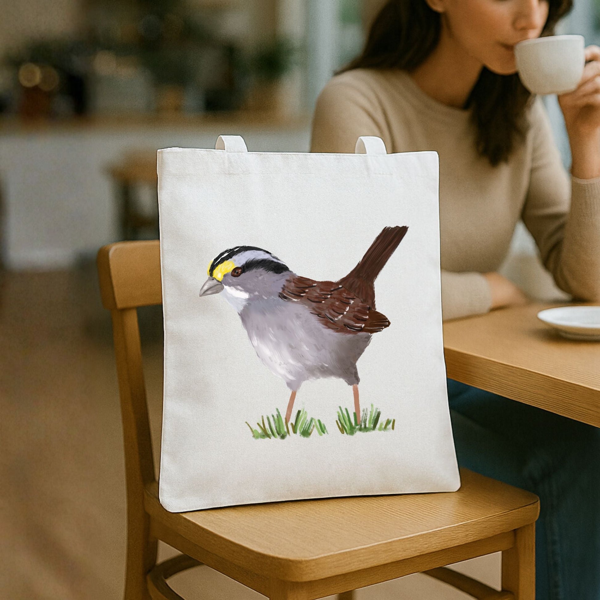 Canvas Tote Bag with White - throated Sparrow Illustration - MerikaArt