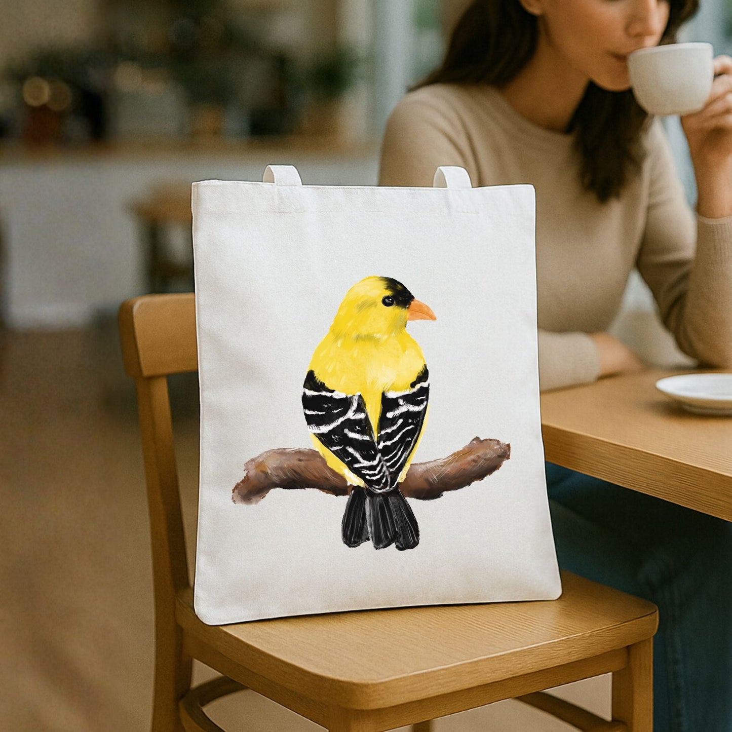 Canvas Tote Bag with Yellow Finch Artwork - MerikaArt