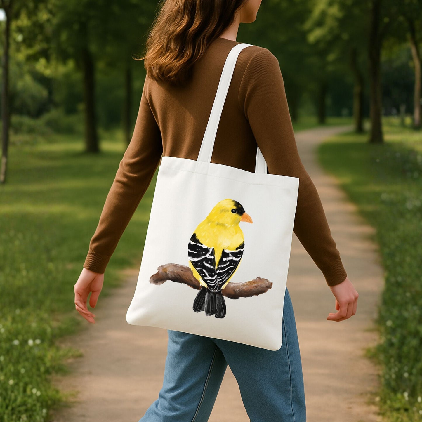 Canvas Tote Bag with Yellow Finch Artwork - MerikaArt