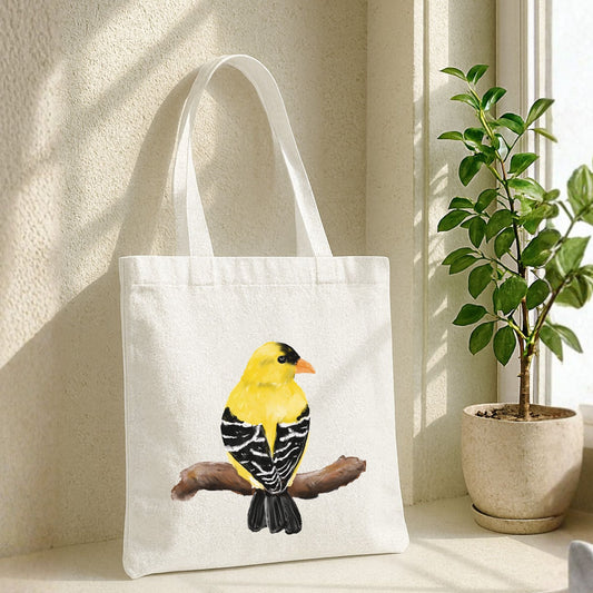 Canvas Tote Bag with Yellow Finch Artwork - MerikaArt