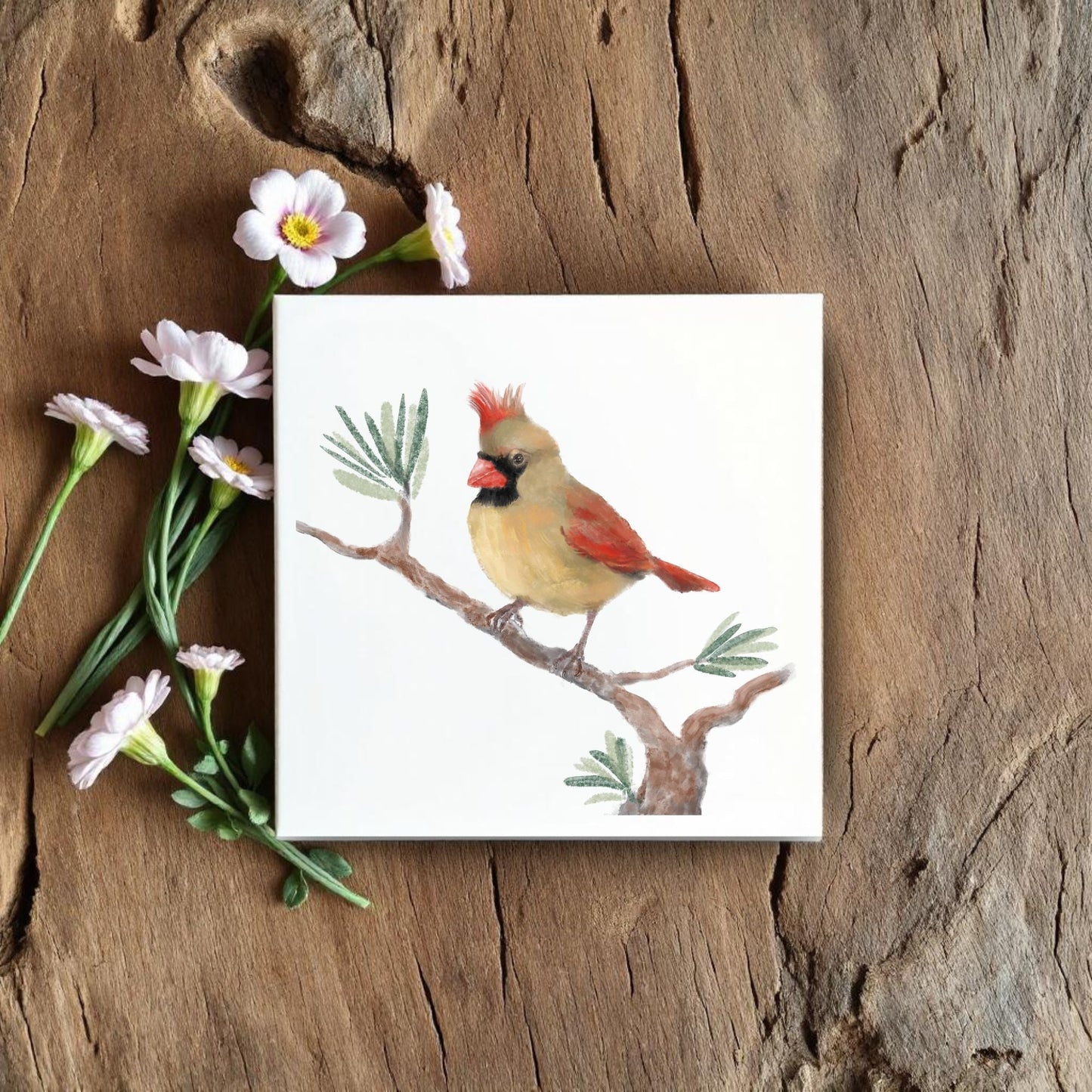 Cardinal Bird Ceramic Tile – Handcrafted Nature Art Decor - MerikaArt