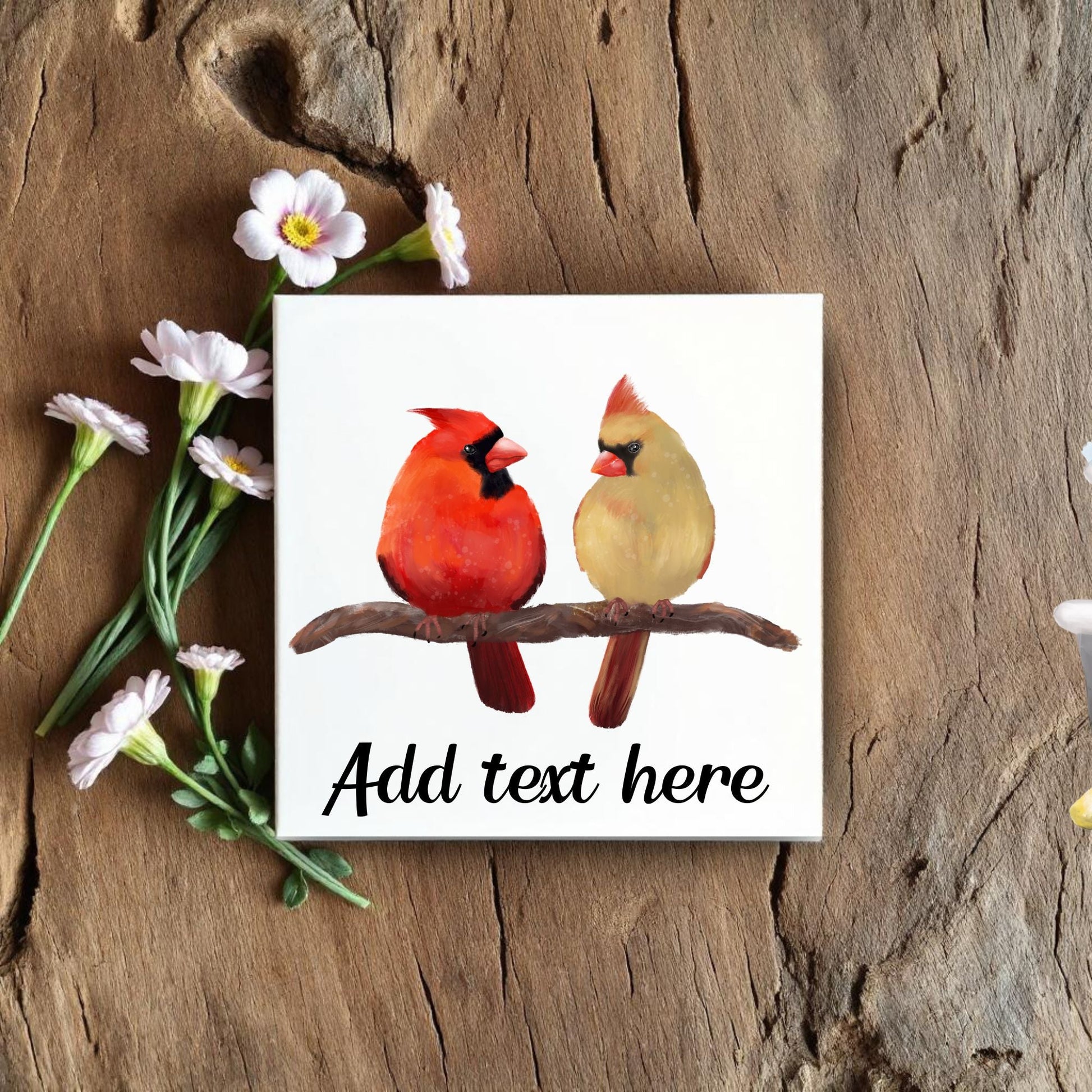 Cardinal Pair on Branch Ceramic Tile - MerikaArt