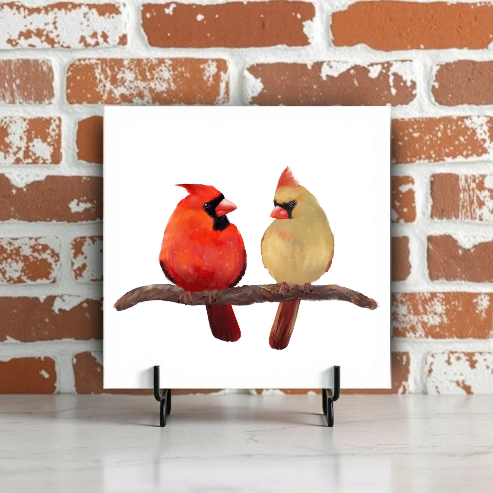 Cardinal Pair on Branch Ceramic Tile - MerikaArt