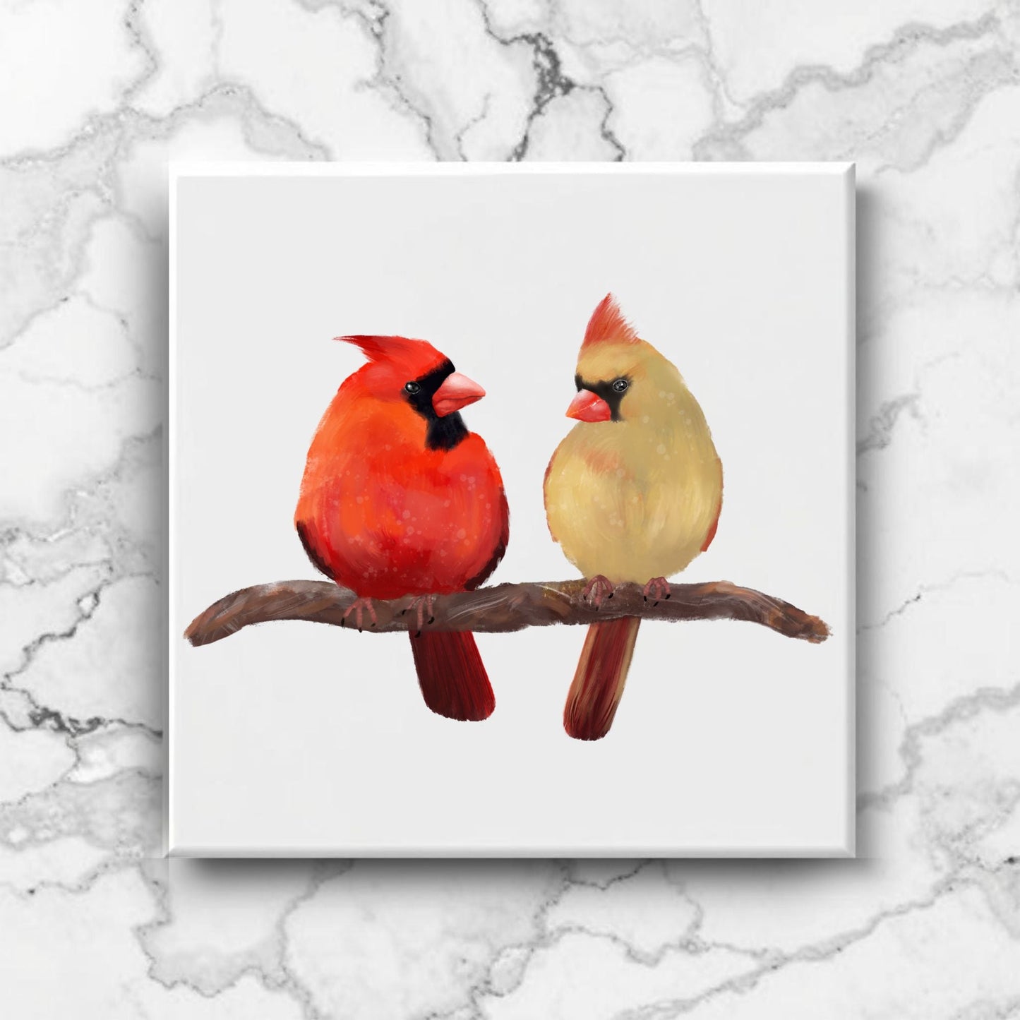 Cardinal Pair on Branch Ceramic Tile - MerikaArt