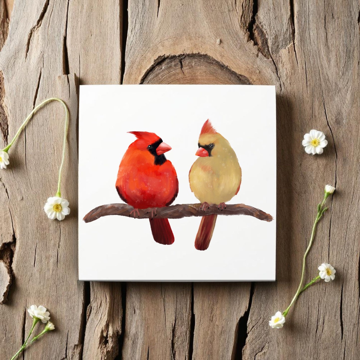 Cardinal Pair on Branch Ceramic Tile - MerikaArt