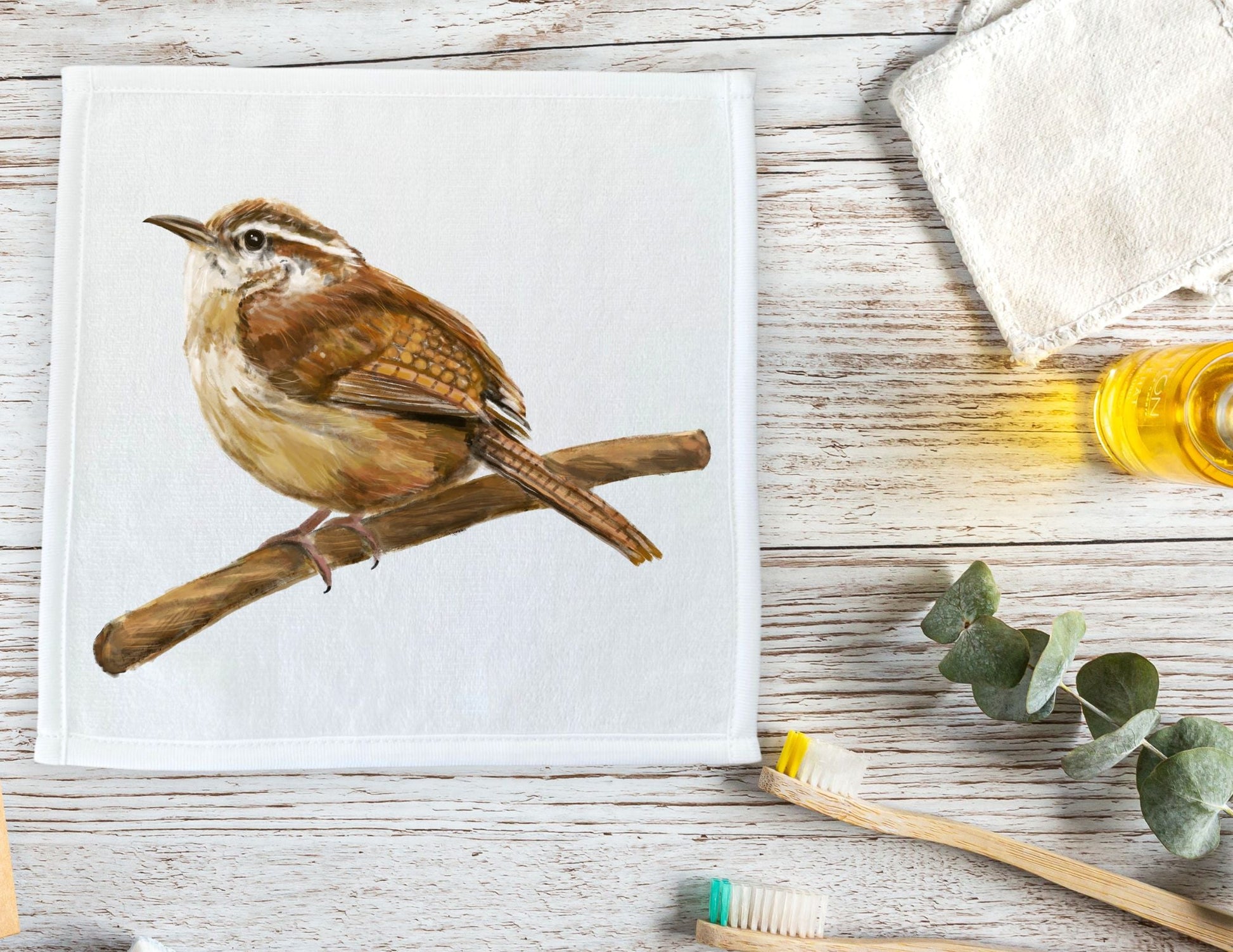 Carolina Wren Bird Washcloth - MerikaArt