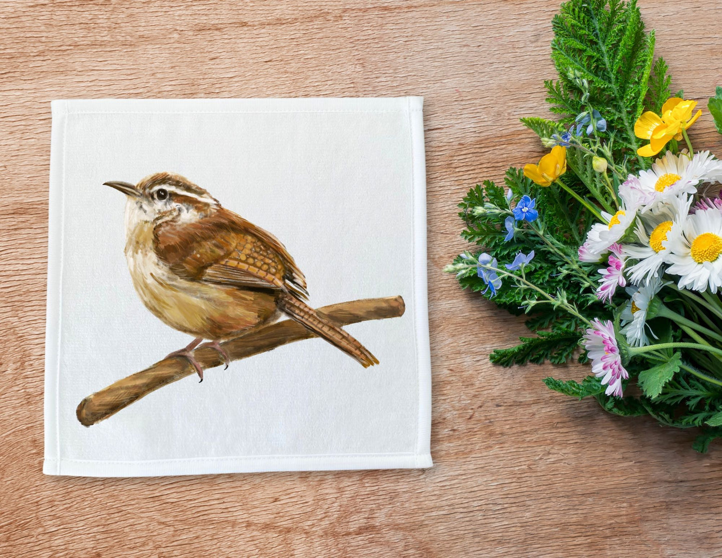 Carolina Wren Bird Washcloth - MerikaArt