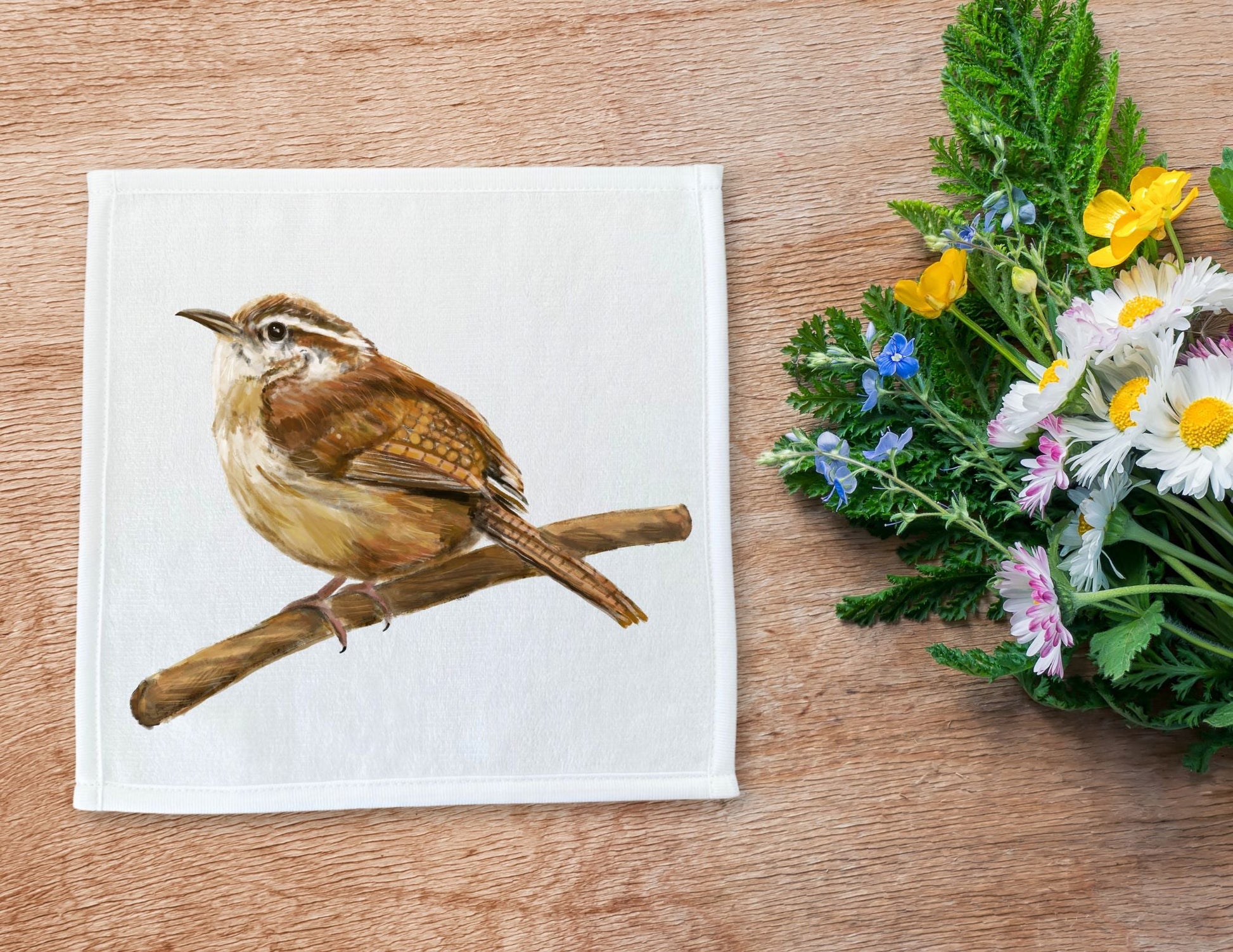 Carolina Wren Bird Washcloth - MerikaArt