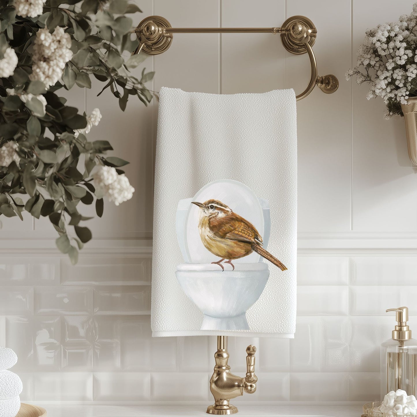 Carolina Wren on Toilet Bathroom Towel - MerikaArt