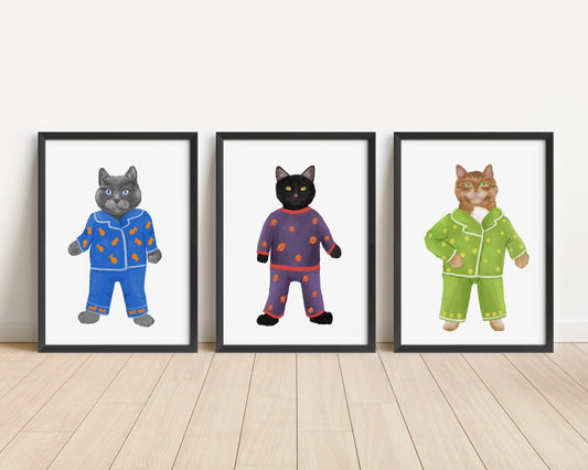 Cat Pajama Party Art Print Set of 3 – Playful Trio in Cozy Pajamas - MerikaArt