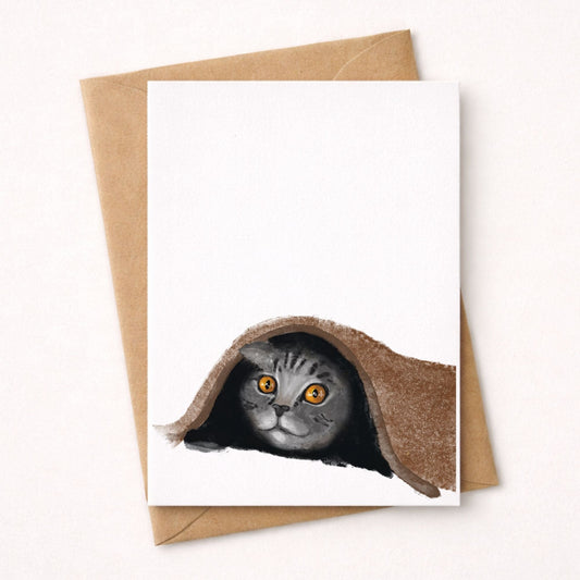 Cat Under Blanket Postcard - MerikaArt