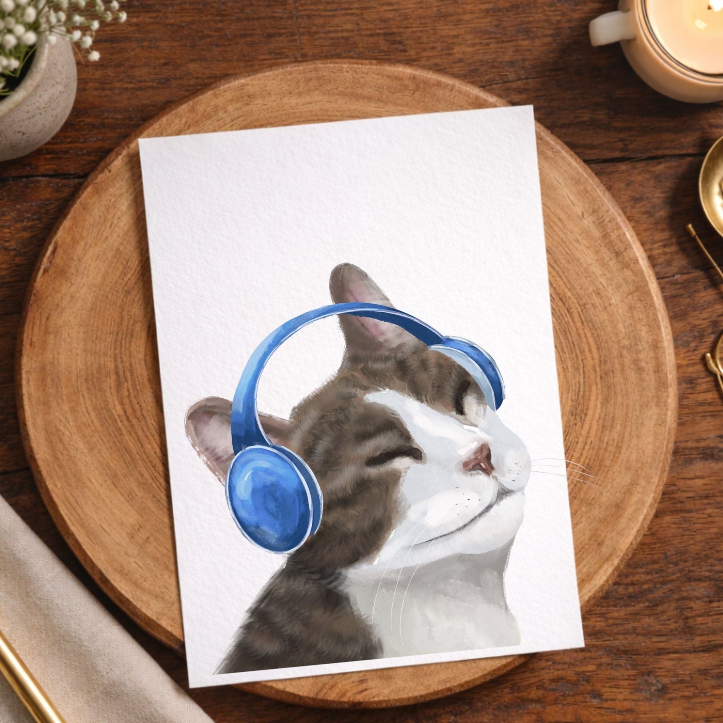 Cat With Blue Headphones Postcard - MerikaArt