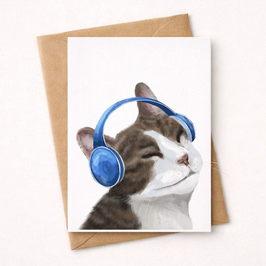 Cat With Blue Headphones Postcard - MerikaArt