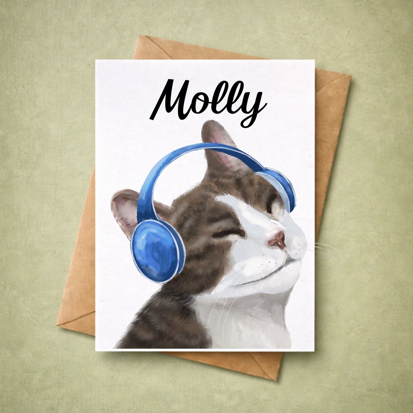 Cat With Blue Headphones Postcard - MerikaArt