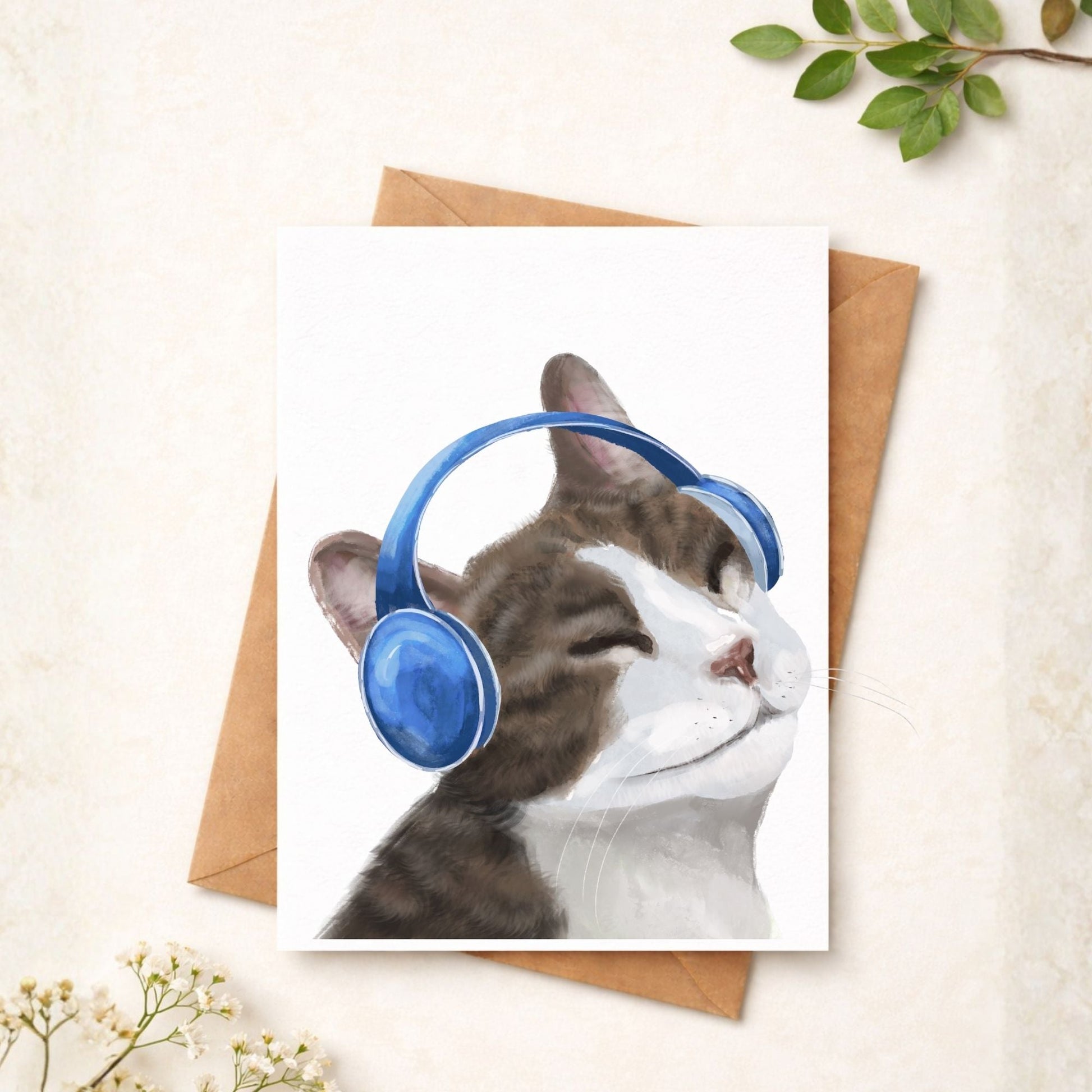 Cat With Blue Headphones Postcard - MerikaArt