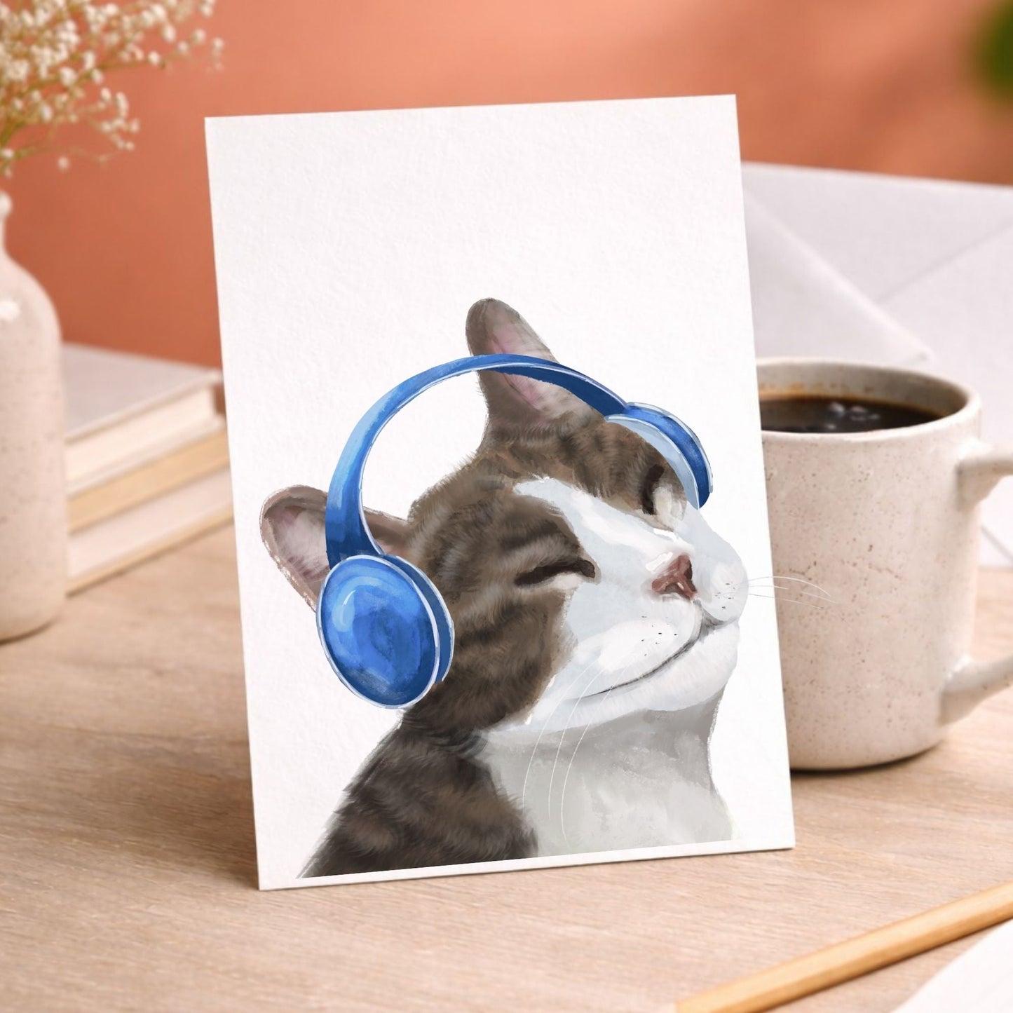 Cat With Blue Headphones Postcard - MerikaArt