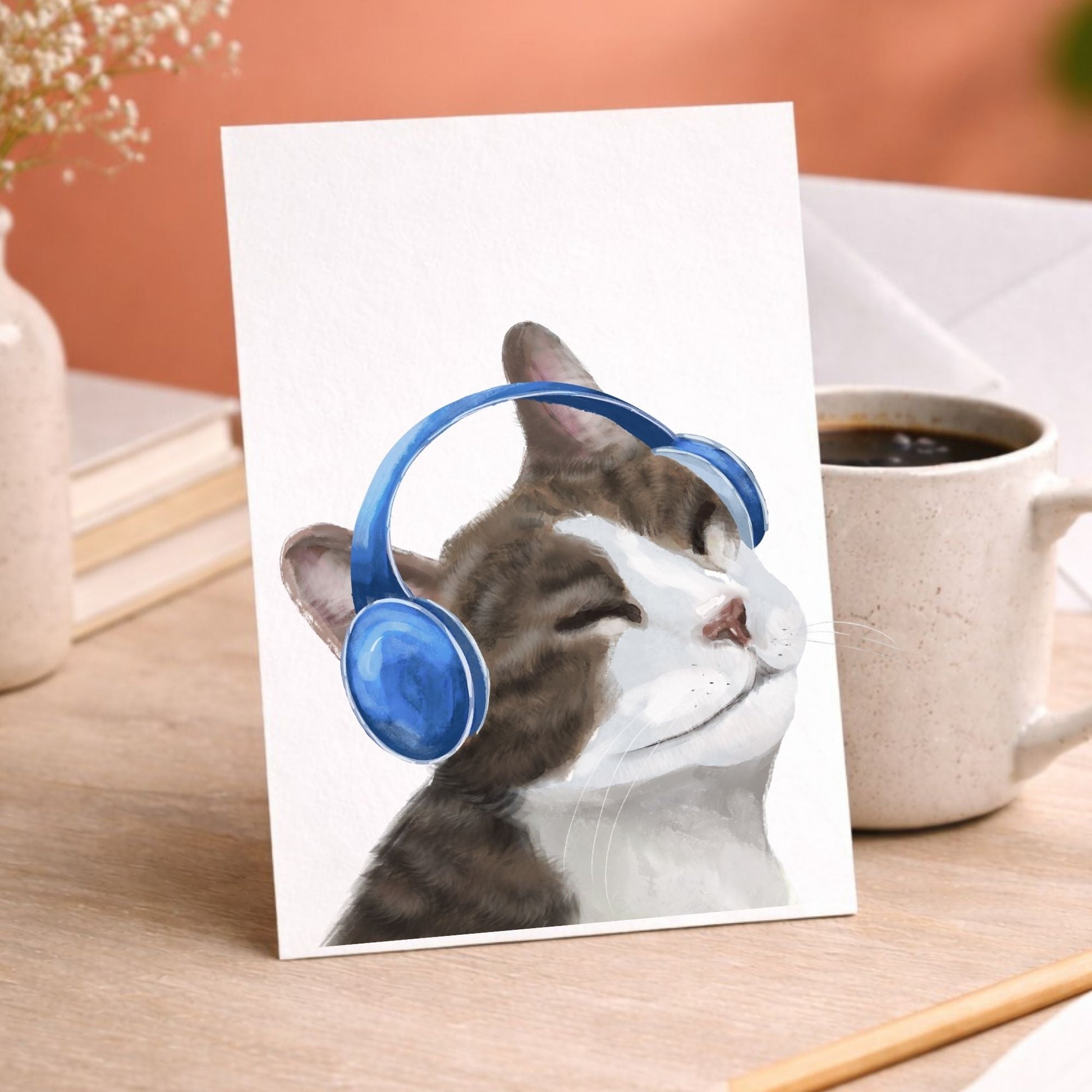 Cat With Blue Headphones Postcard - MerikaArt