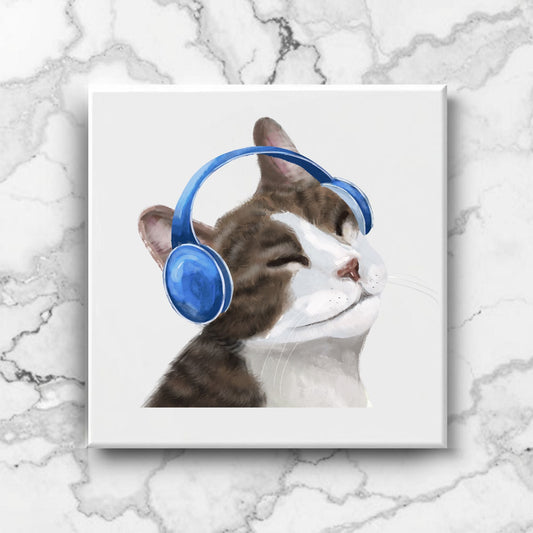 Cat with Headphones Ceramic Tile - MerikaArt