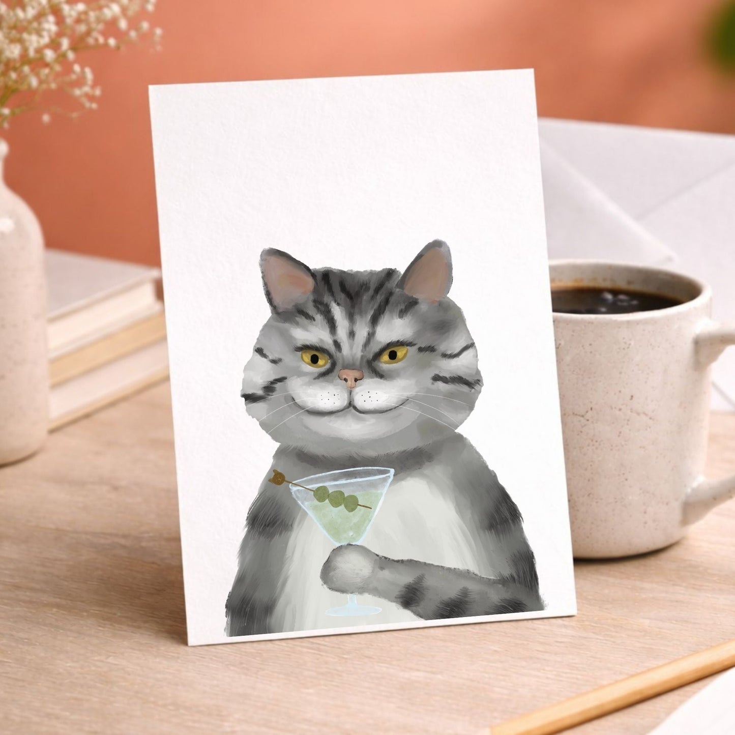 Cat with Martini Postcard - MerikaArt