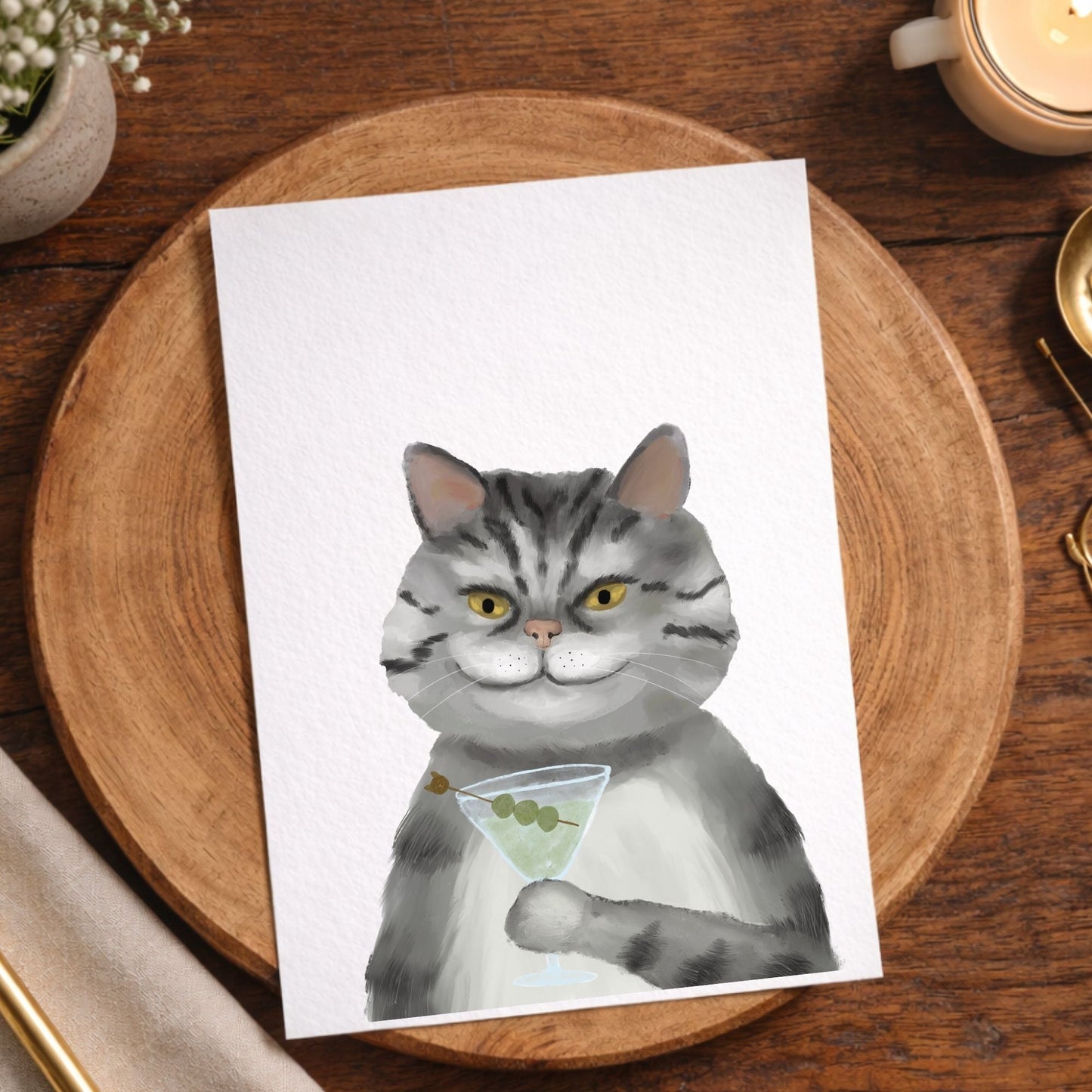 Cat with Martini Postcard - MerikaArt