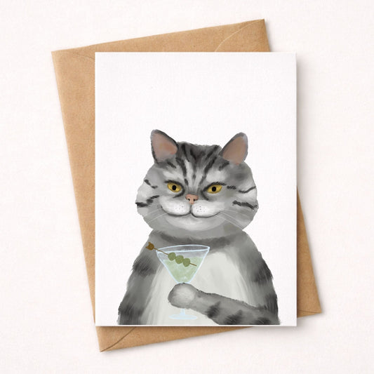Cat with Martini Postcard - MerikaArt