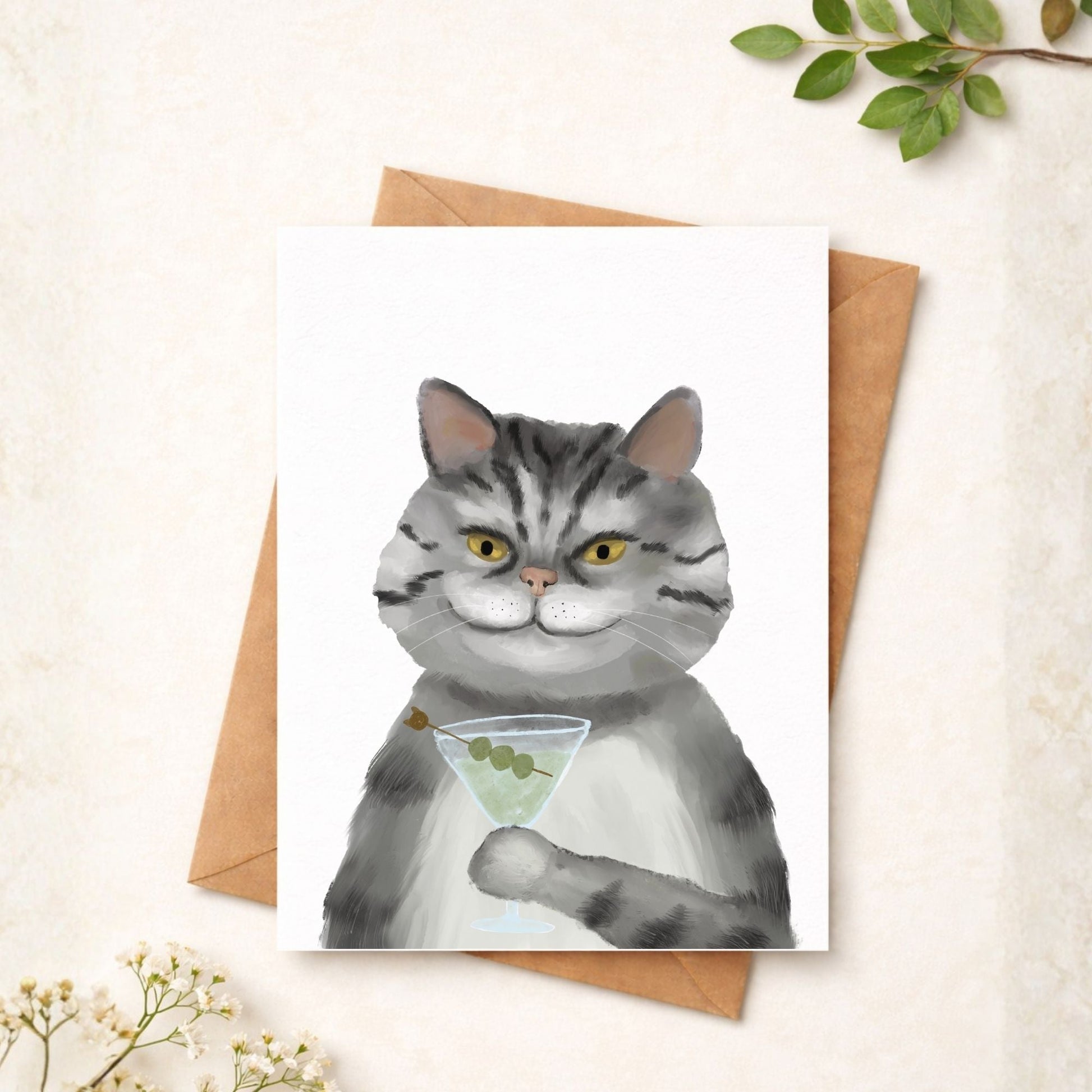 Cat with Martini Postcard - MerikaArt